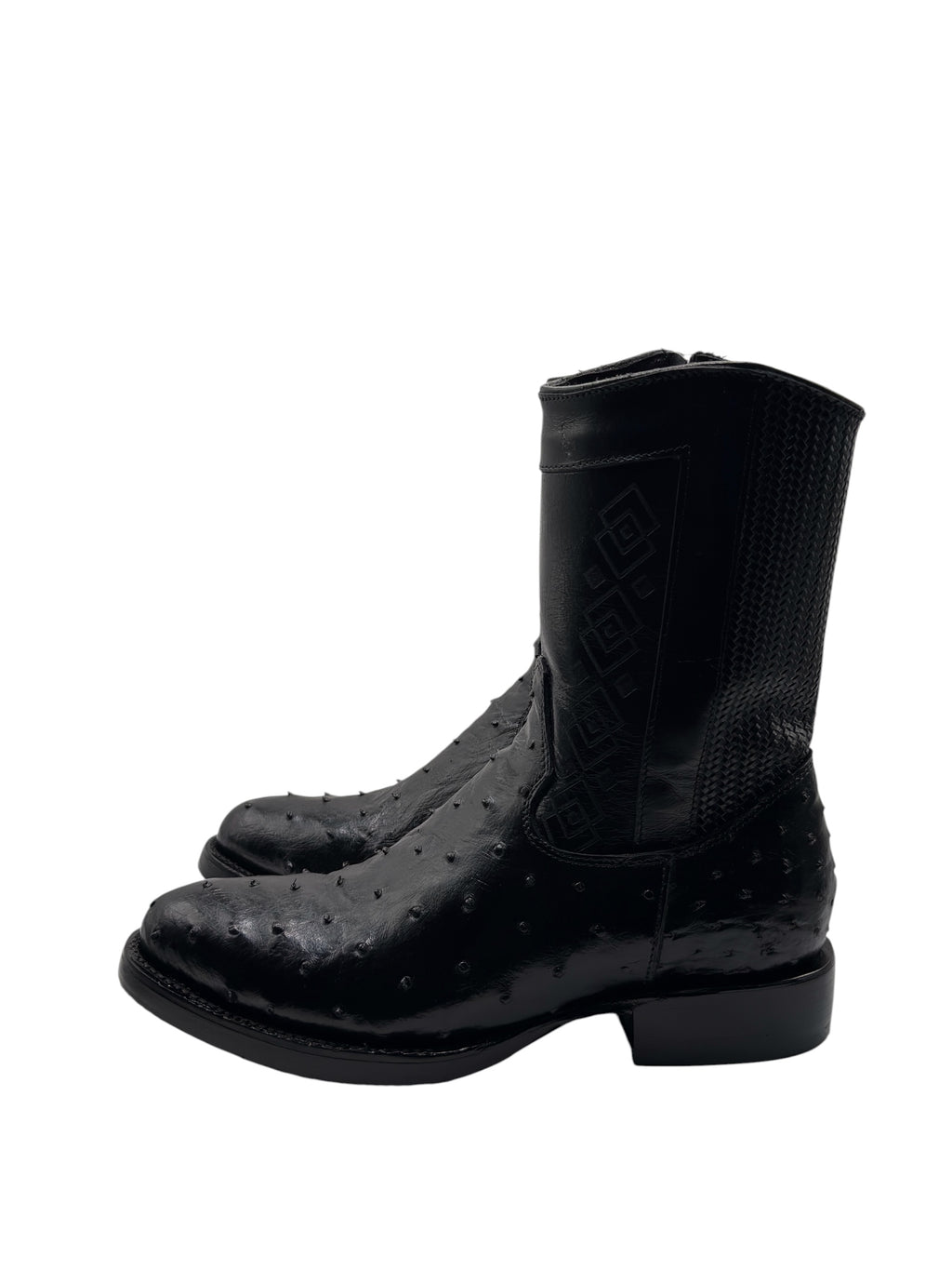 Black Ostrich Exotic Ankle Boots With Zipper
