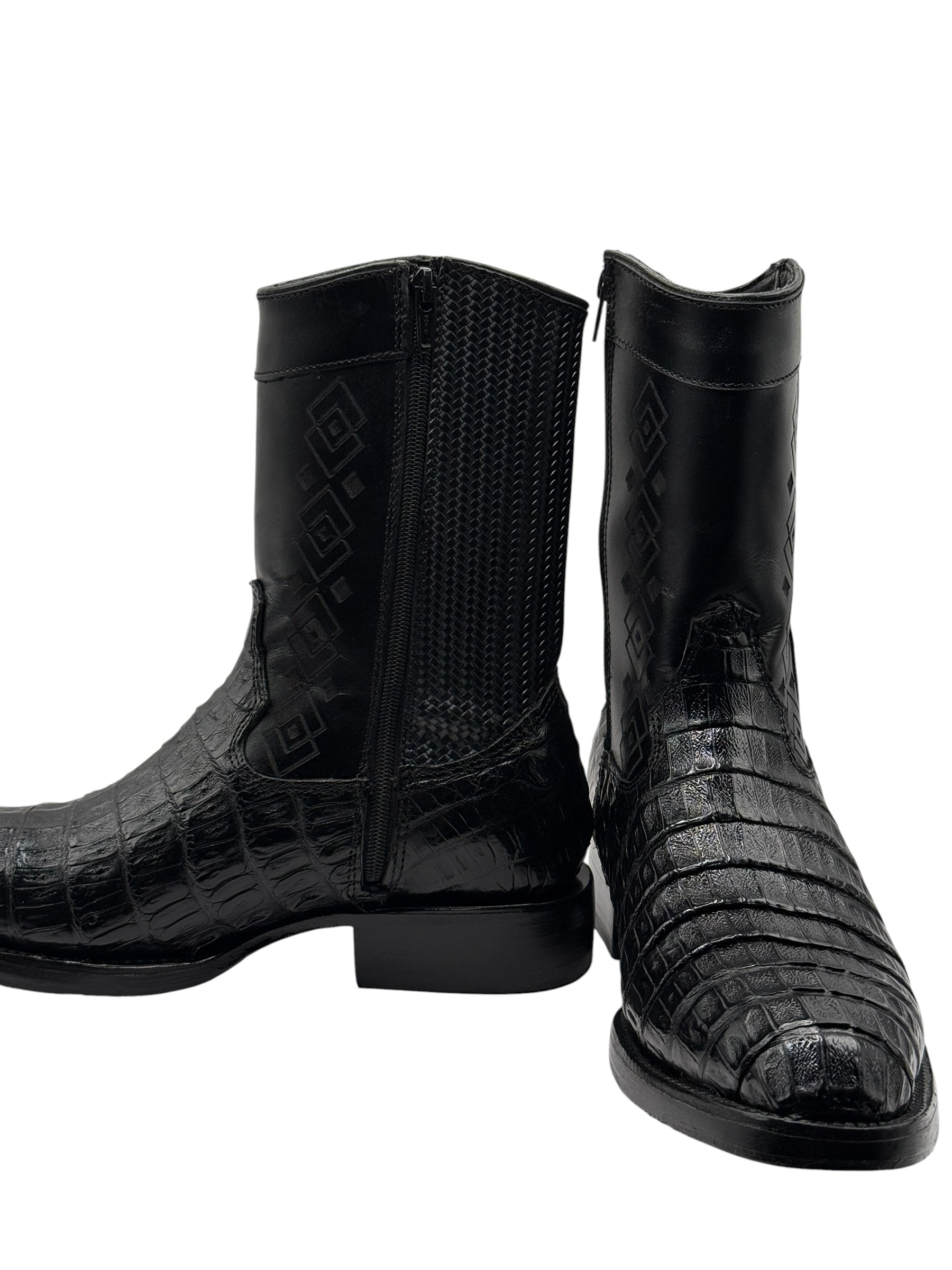 Black Caiman Exotic Ankle Boots With Zipper