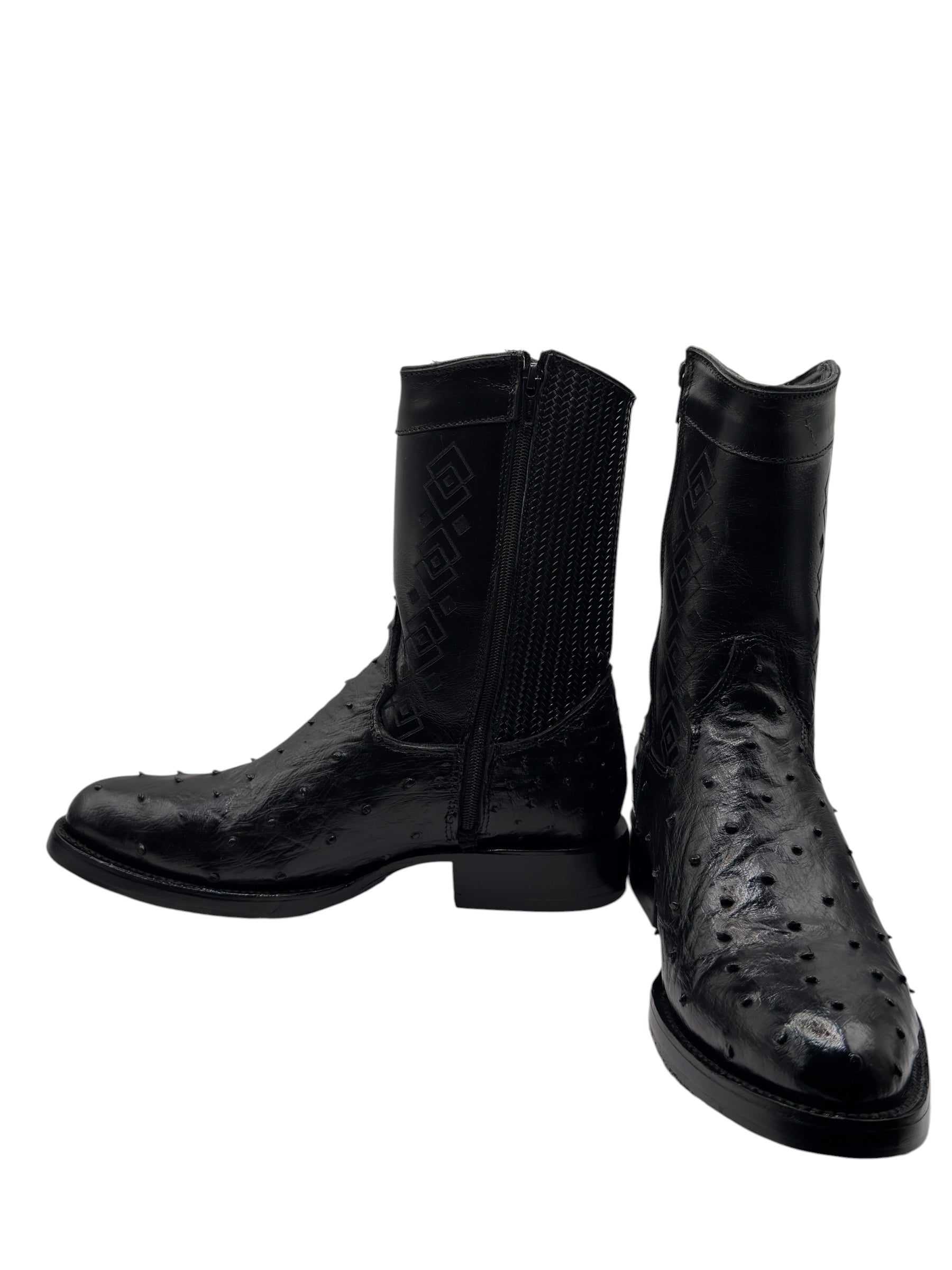 Black Ostrich Exotic Ankle Boots With Zipper