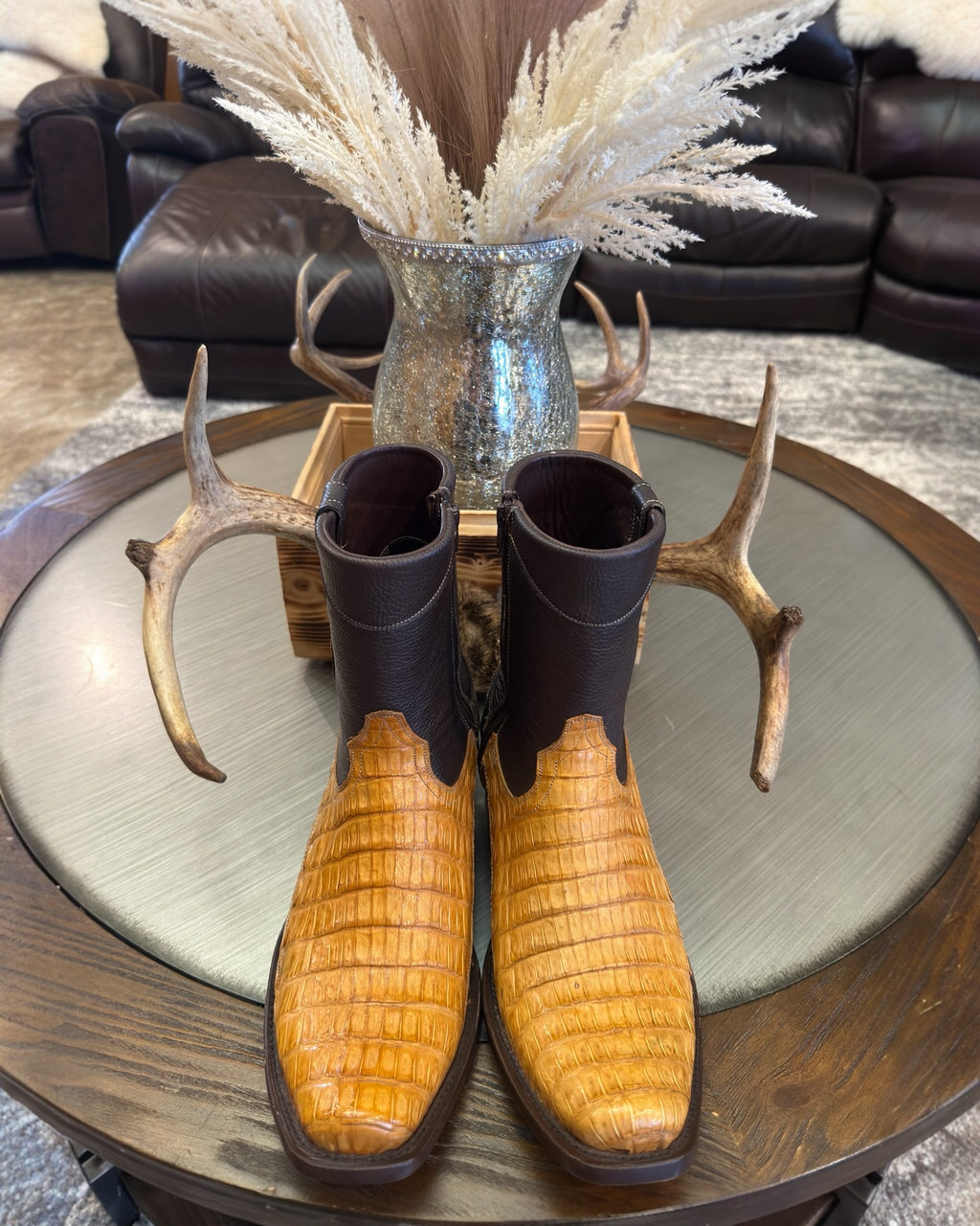 Mens Exotic Butter Caiman Cowboy Ankle Boots